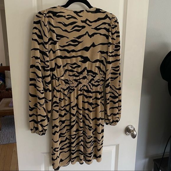 Zara Neutral Zebra Tiger Animal Print Pattern Pleated Panel Dress Size Medium - Picture 7 of 7